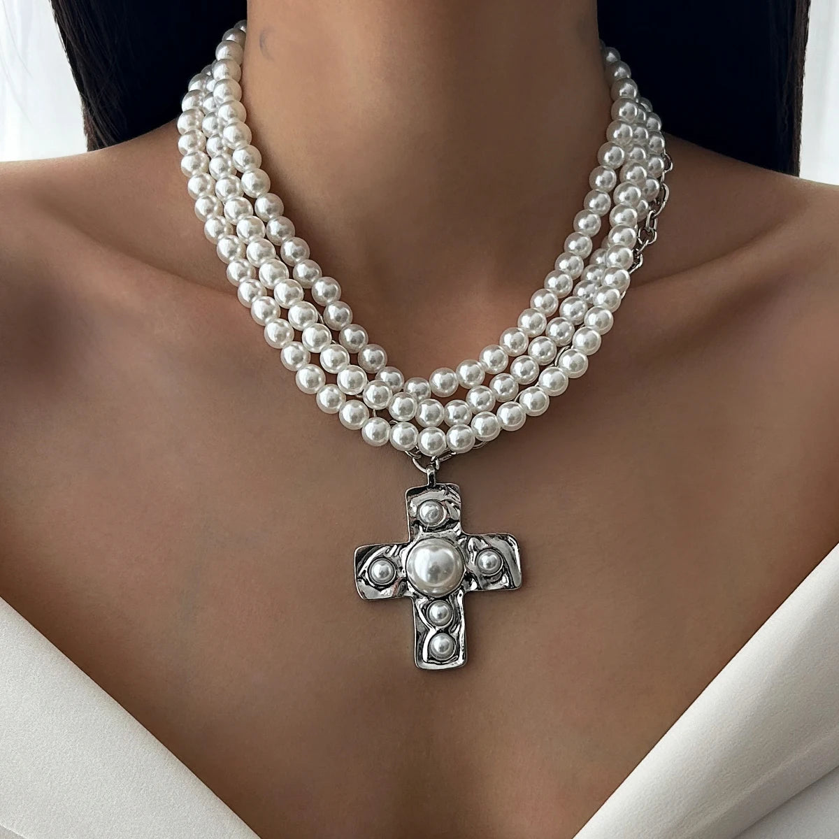 Ingemark Multilayer Imitation Pearl Chain Necklace Women Trendy 2025 Goth Big Jesus Cross Pendant Choker New Year Jewelry Gift