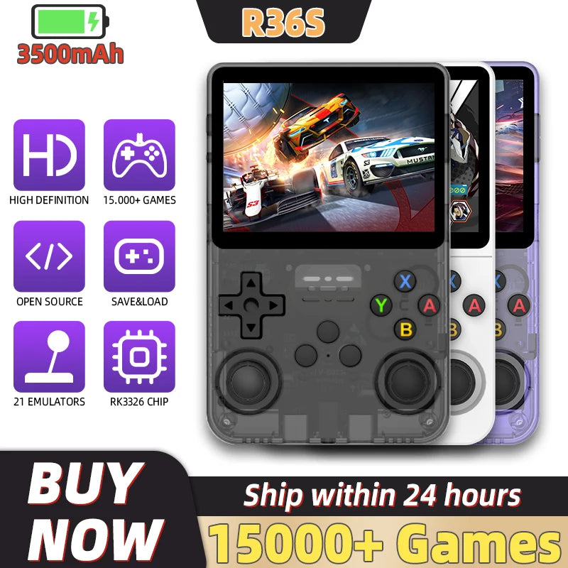 Open Source R36S Retro Handheld Game Console 3.5 Inch IPS Screen RK3326 Chip 15000+Games 64/128GB Portable Pocket Video Player