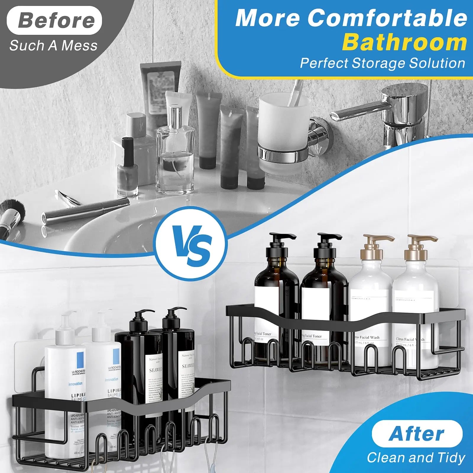 5pcs/set Adhesive Shower Caddy 5 Pack Rustproof Stainless Steel Bath Organizers With Large Capacity, No Drilling Shelves