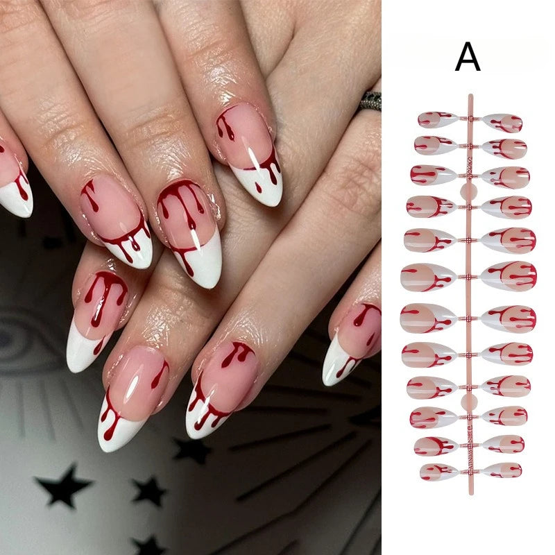 24pcs Blood Drop French Nails Set Almond Glossy Bat Decor Fake Nail Halloween Scary Punk Style Wearable Women Press False Nails