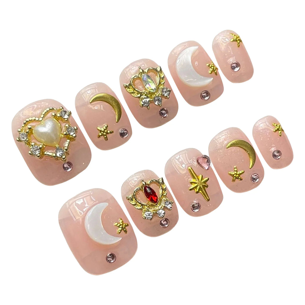 Handmade Press On Nails Golden Star Moon Decoration Short Square Round Charming Diamond False Nails Wearable Pink Fake Nails Art