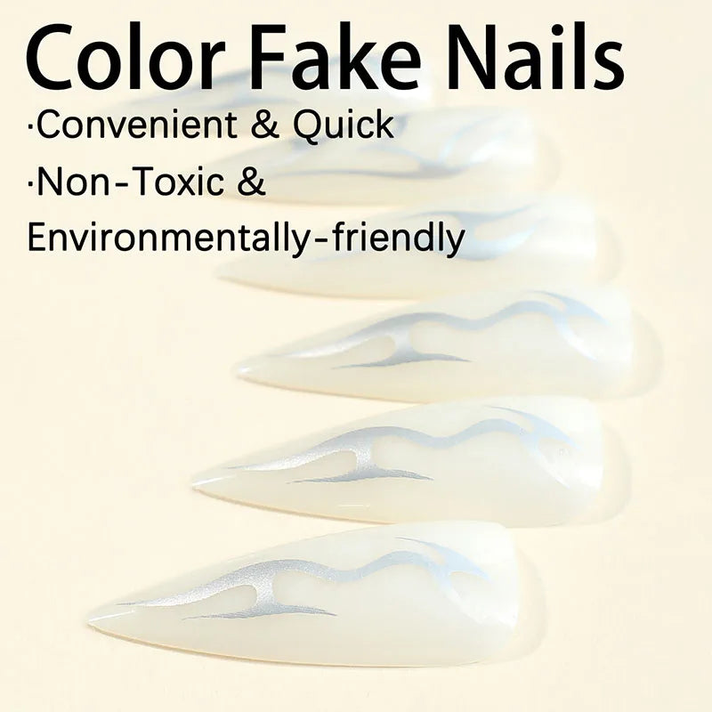 24Pcs Long pointed Halloween False Nails White Irregular Flame Stripes Nail Art Fake Nail Stickers For Women and Girls