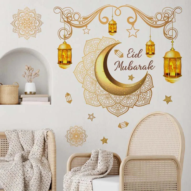 Eid Mubarak Moon Star Lantern Wall Decal 2025 Ramadan Kareem Decorations Home Wall Window Sticker Muslim Islamic Party Supplies