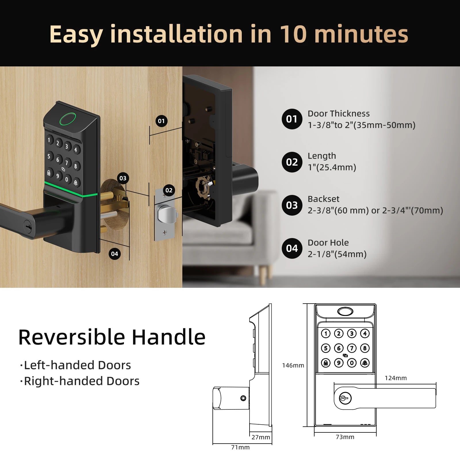 Viladepot Smart Lock Fingerprint Door Lock TYPE-C Interface App Control Passcode Unlock Electronic Touchscreen Keypad Handle