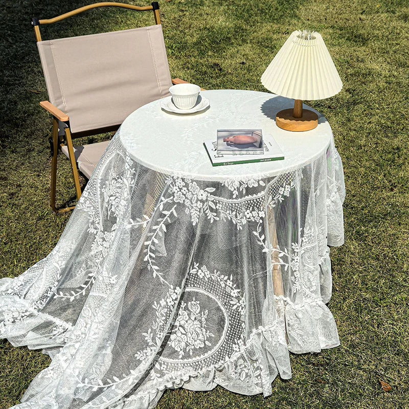 Battilo White Round Lace Tablecloth Floral Embroidered Table Cloth for Dinning Table Rectangular Table Cover for Wedding Party