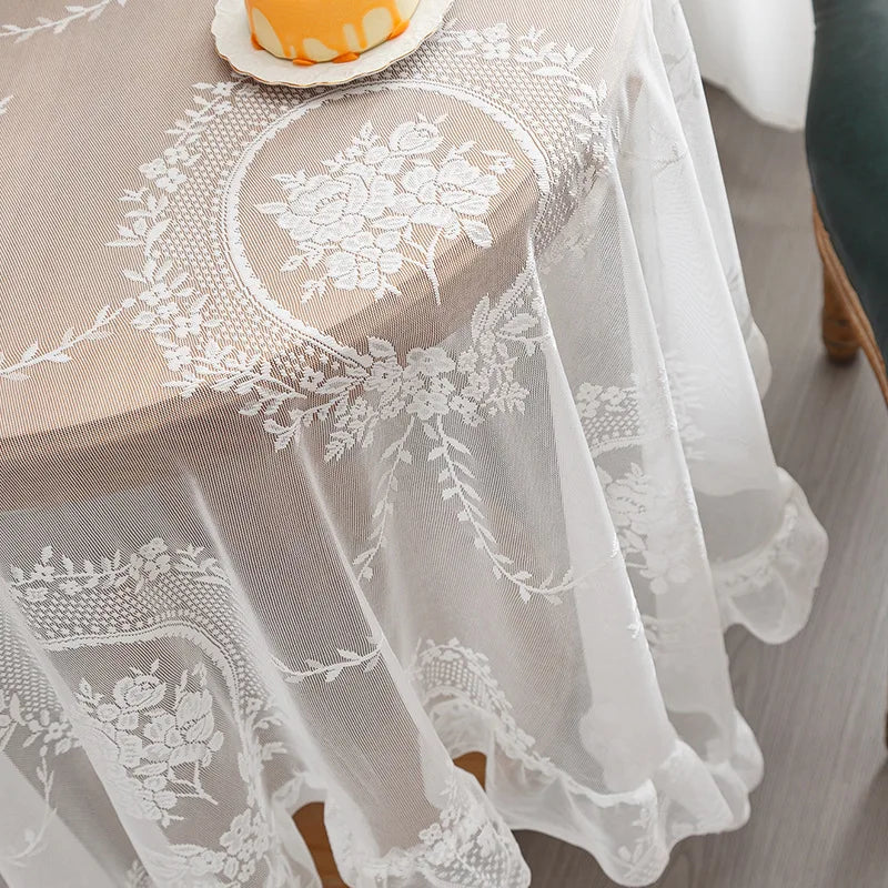 Battilo White Round Lace Tablecloth Floral Embroidered Table Cloth for Dinning Table Rectangular Table Cover for Wedding Party