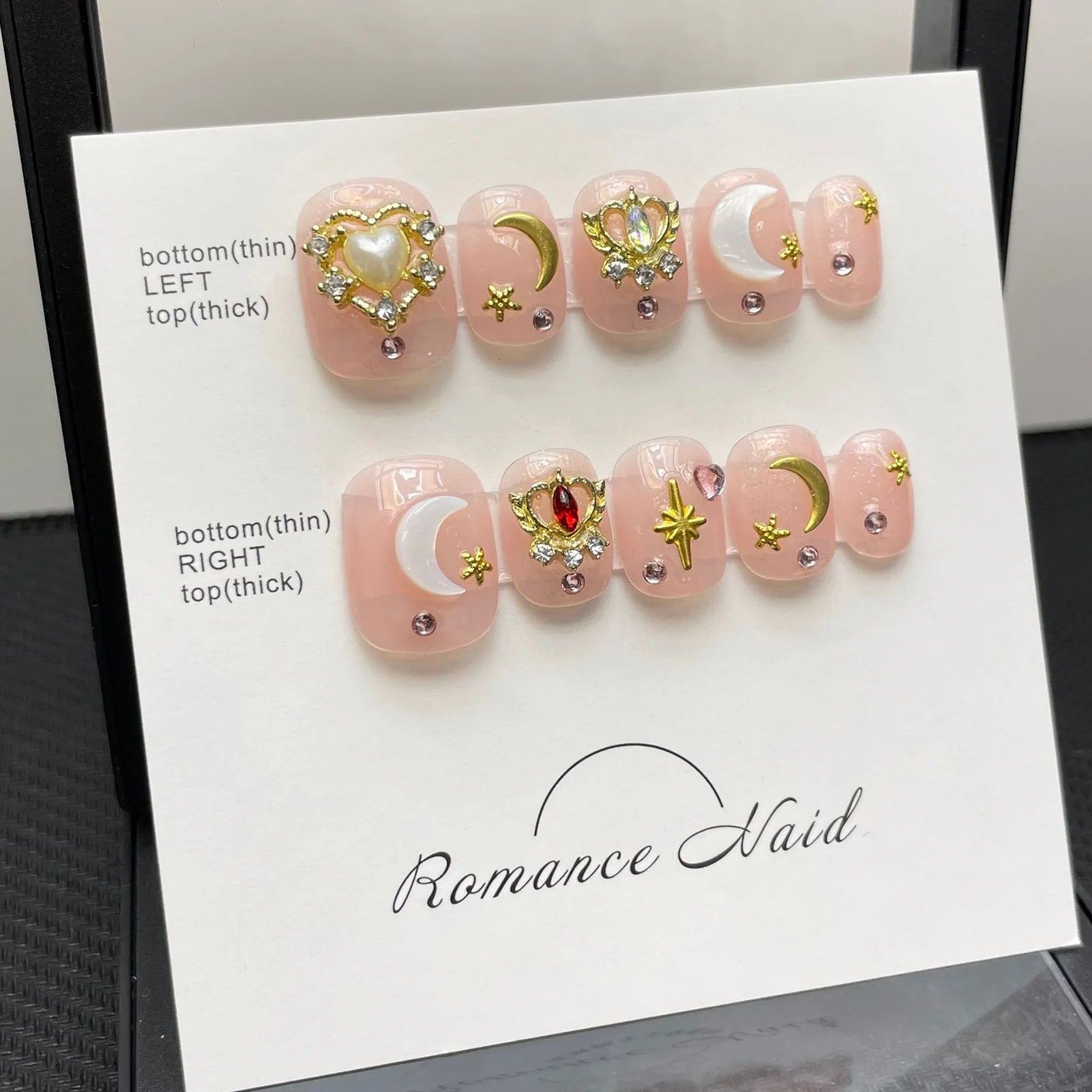 Handmade Press On Nails Golden Star Moon Decoration Short Square Round Charming Diamond False Nails Wearable Pink Fake Nails Art