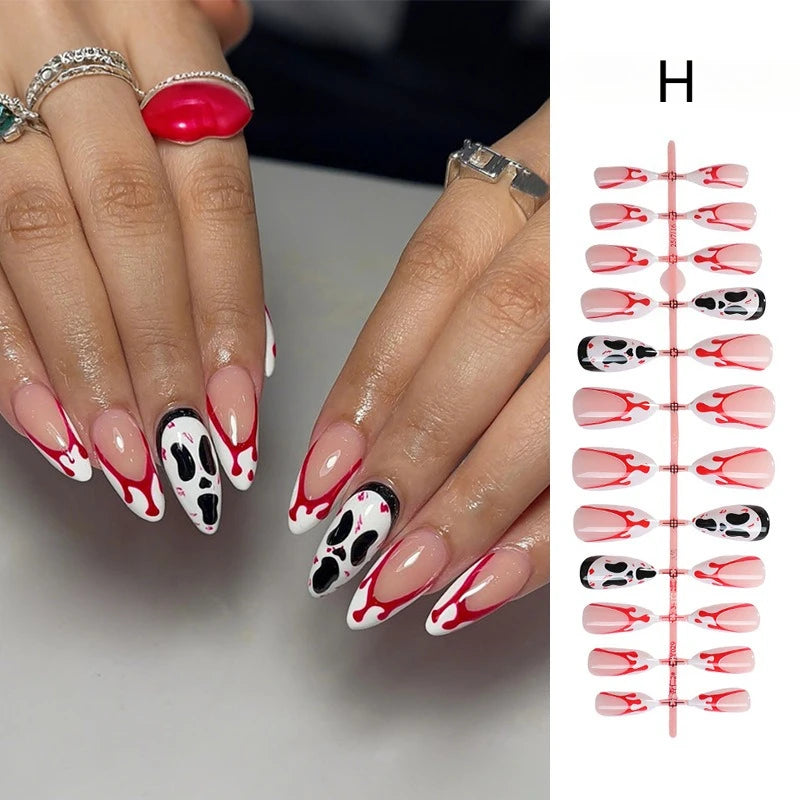 24pcs Blood Drop French Nails Set Almond Glossy Bat Decor Fake Nail Halloween Scary Punk Style Wearable Women Press False Nails