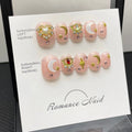 Handmade Press On Nails Golden Star Moon Decoration Short Square Round Charming Diamond False Nails Wearable Pink Fake Nails Art