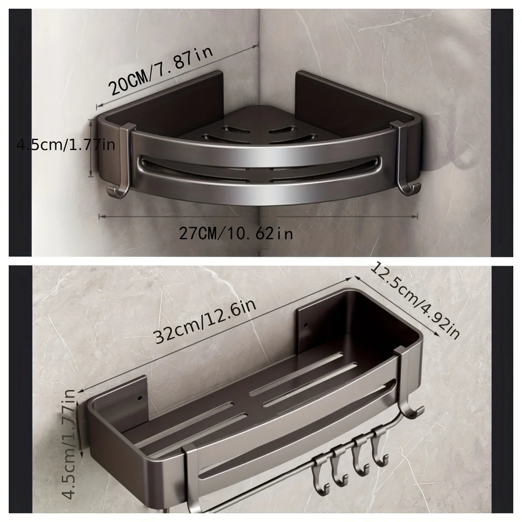 1pc Non-Drill Aluminum Bathroom Storage Rack - Wall-Mounted Corner Shelf for Shampoo, Makeup, and Accessories