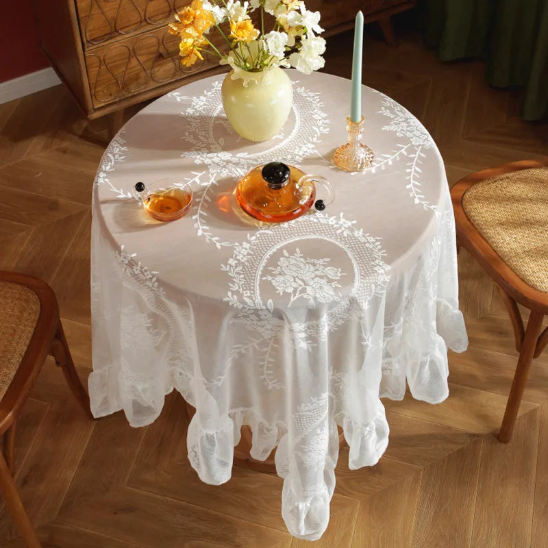 Battilo White Round Lace Tablecloth Floral Embroidered Table Cloth for Dinning Table Rectangular Table Cover for Wedding Party