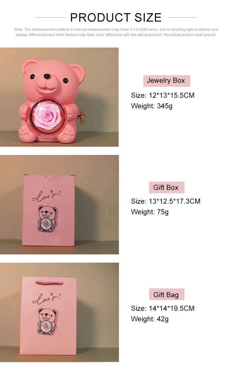 2026 Heart Engraved Name Necklace and Rotating Eternal Rose Flower Hug Bear Jewelry Box Lovely Bear  for Girl/Women
