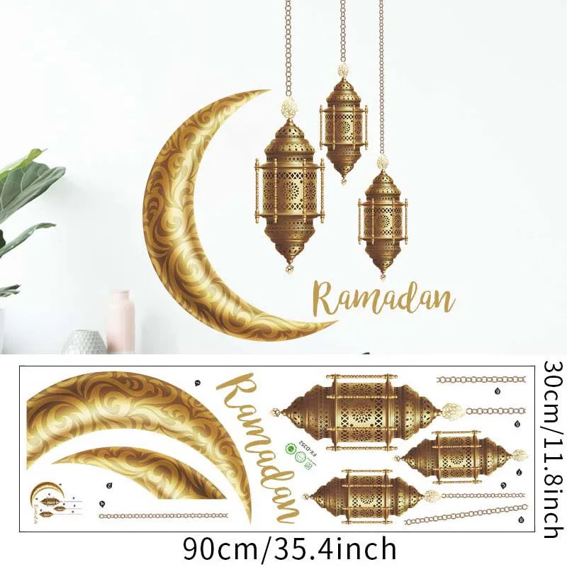 Eid Mubarak Moon Star Lantern Wall Decal 2025 Ramadan Kareem Decorations Home Wall Window Sticker Muslim Islamic Party Supplies