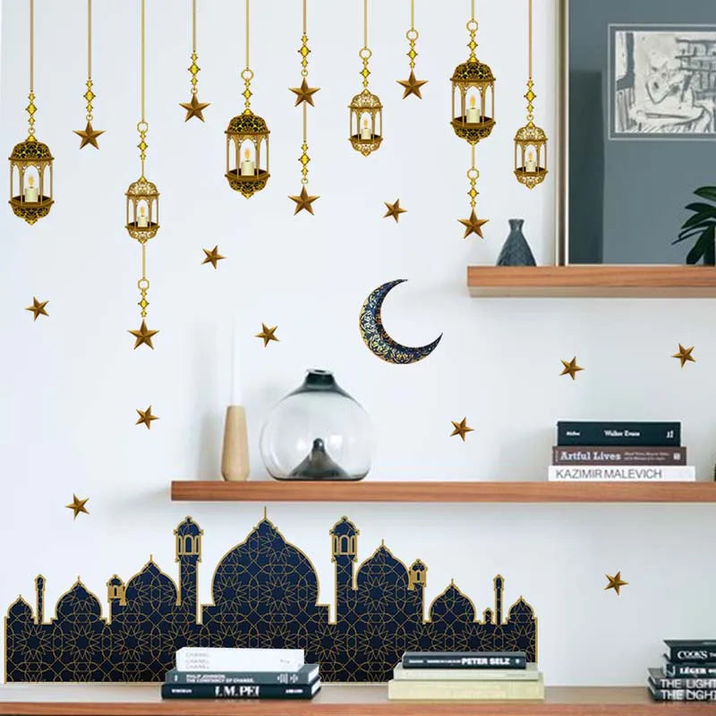 Eid Mubarak Moon Star Lantern Wall Decal 2025 Ramadan Kareem Decorations Home Wall Window Sticker Muslim Islamic Party Supplies