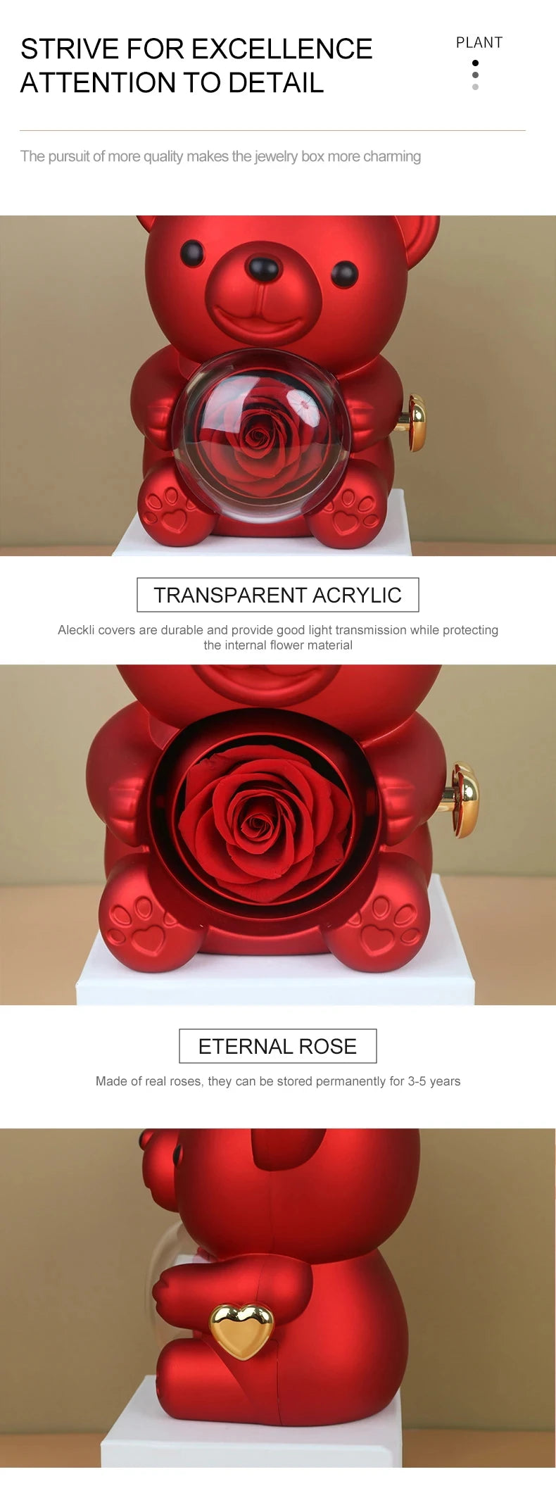 2026 Heart Engraved Name Necklace and Rotating Eternal Rose Flower Hug Bear Jewelry Box Lovely Bear  for Girl/Women