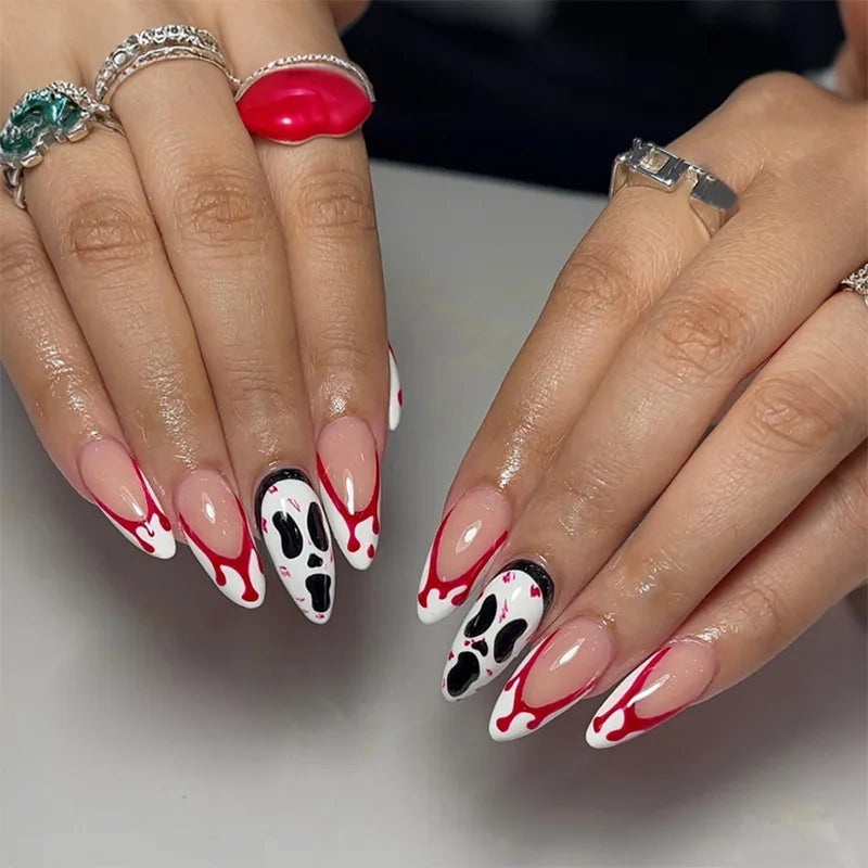 24PCS Halloween False Nails Red Gradient Skull Blood Horror Eye Pattern French Press on Nails Full Cover Wearable Fake Nails Art