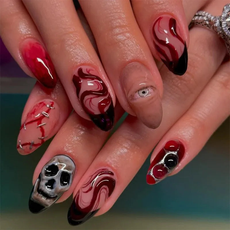 24PCS Halloween False Nails Red Gradient Skull Blood Horror Eye Pattern French Press on Nails Full Cover Wearable Fake Nails Art