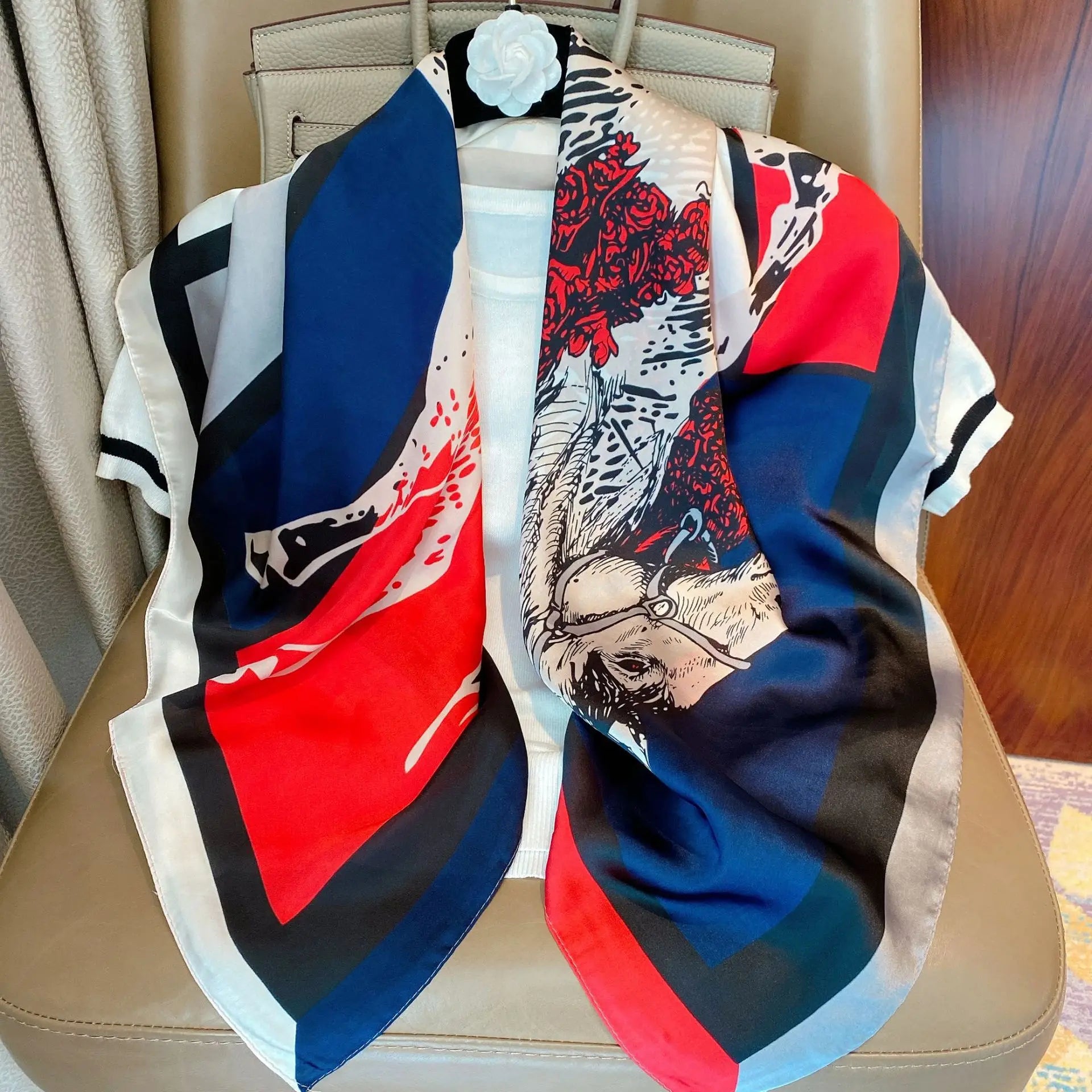 Light luxury 90 Silk scarf imitatingly printed with black and white stripes large square shawl New Year gift