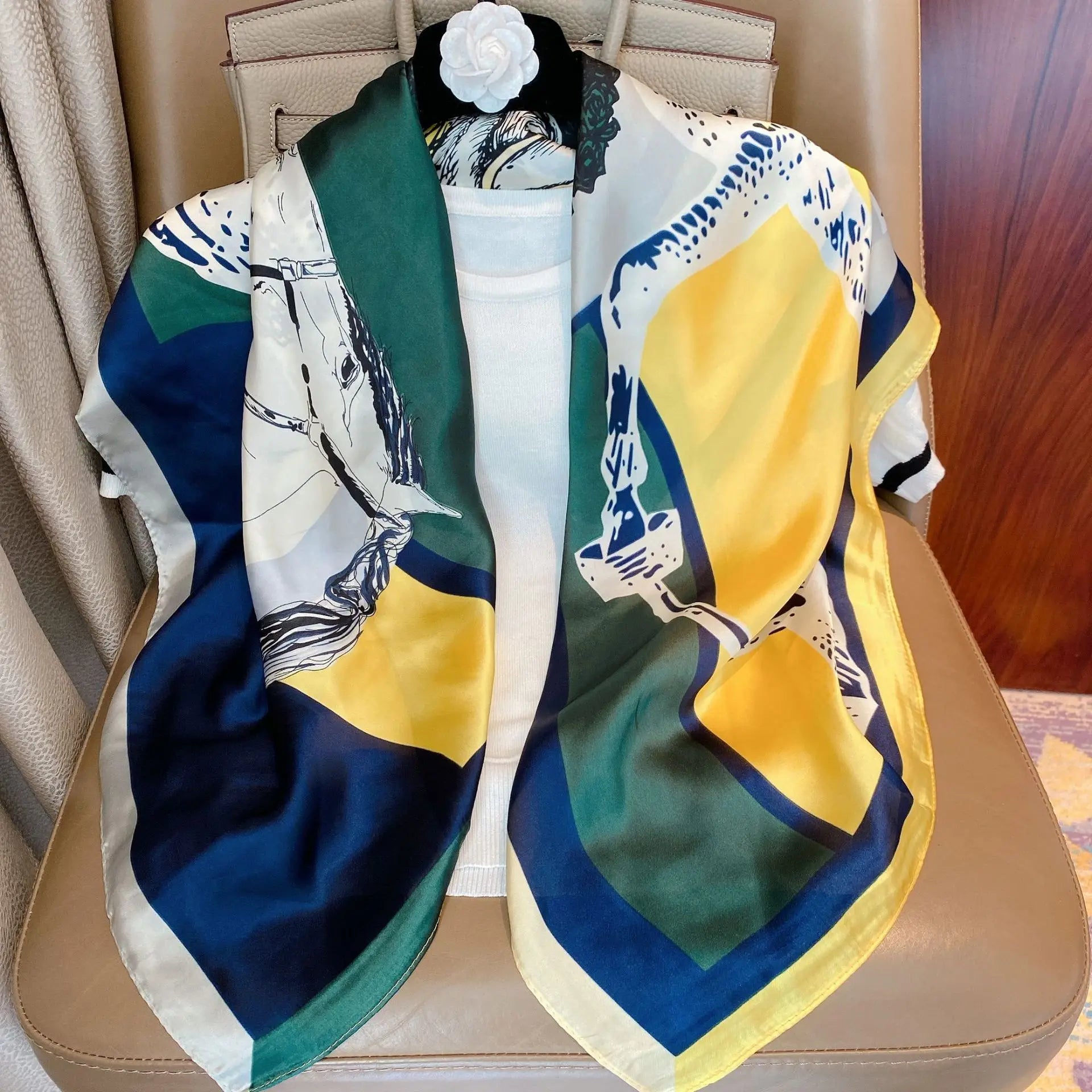 Light luxury 90 Silk scarf imitatingly printed with black and white stripes large square shawl New Year gift