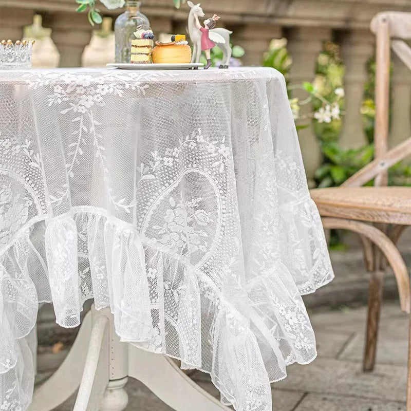 Battilo White Round Lace Tablecloth Floral Embroidered Table Cloth for Dinning Table Rectangular Table Cover for Wedding Party