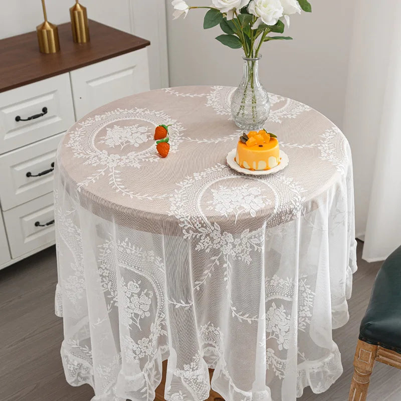 Battilo White Round Lace Tablecloth Floral Embroidered Table Cloth for Dinning Table Rectangular Table Cover for Wedding Party
