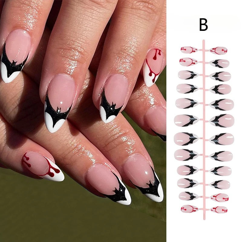 24pcs Blood Drop French Nails Set Almond Glossy Bat Decor Fake Nail Halloween Scary Punk Style Wearable Women Press False Nails
