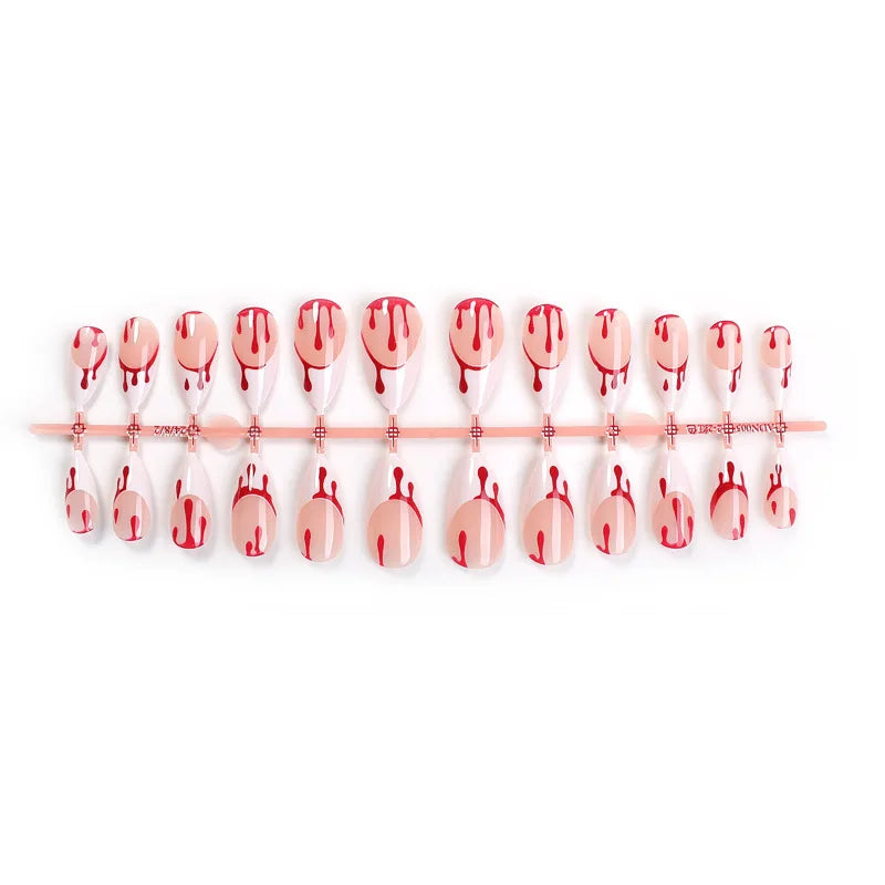 24pcs Blood Drop French Nails Set Almond Glossy Bat Decor Fake Nail Halloween Scary Punk Style Wearable Women Press False Nails