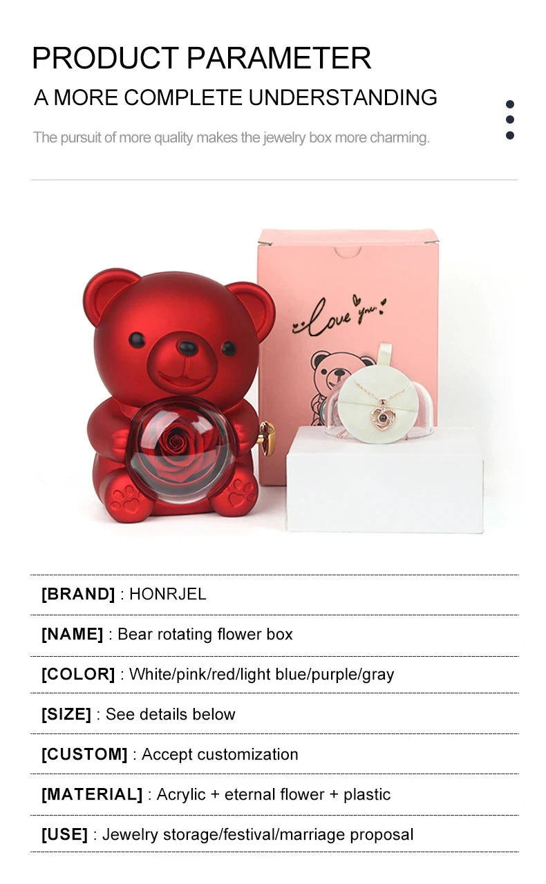 2026 Heart Engraved Name Necklace and Rotating Eternal Rose Flower Hug Bear Jewelry Box Lovely Bear  for Girl/Women