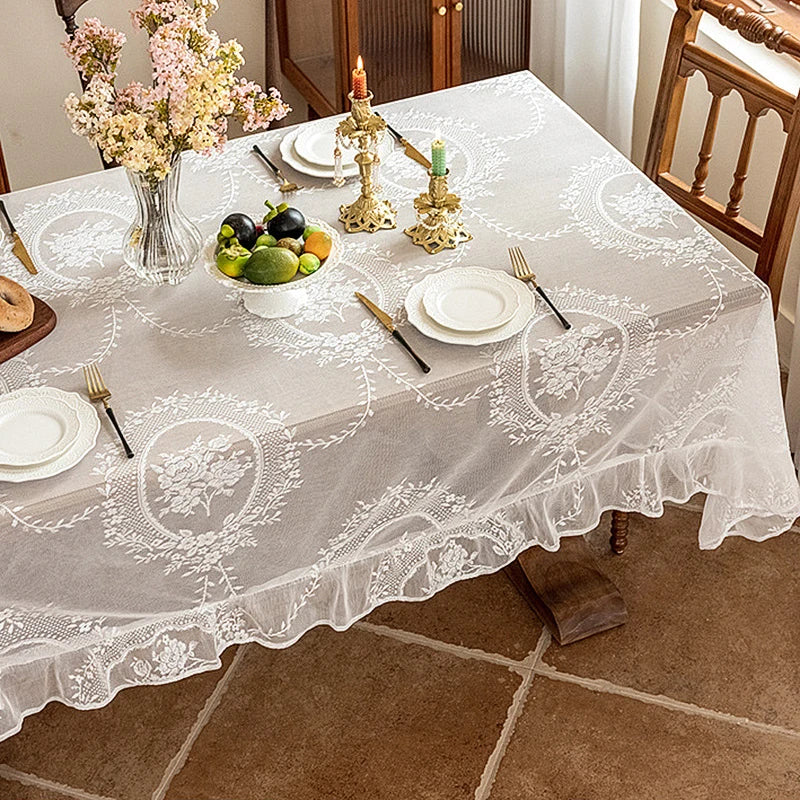 Battilo White Round Lace Tablecloth Floral Embroidered Table Cloth for Dinning Table Rectangular Table Cover for Wedding Party