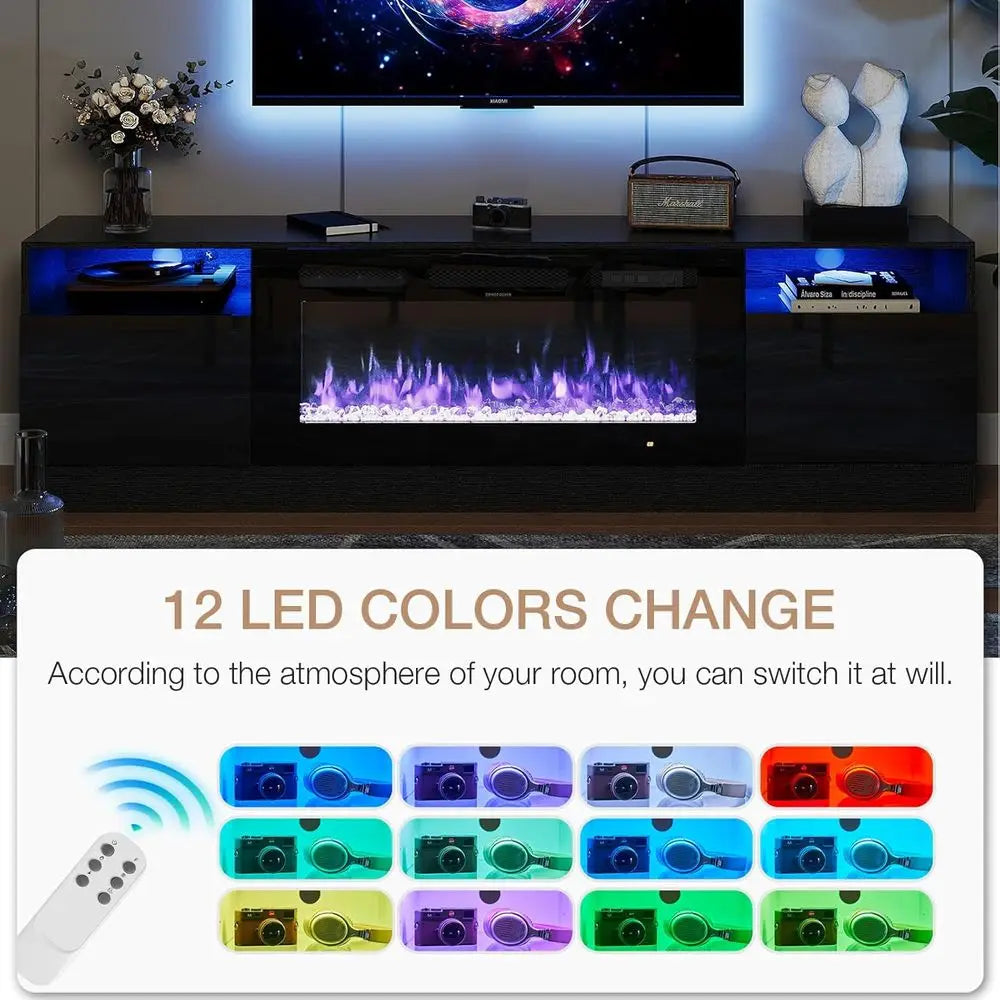 36in Electric Fireplace, LED Light Entertainment Center, Dark Wood Grain TV Stand for TVs up to 80