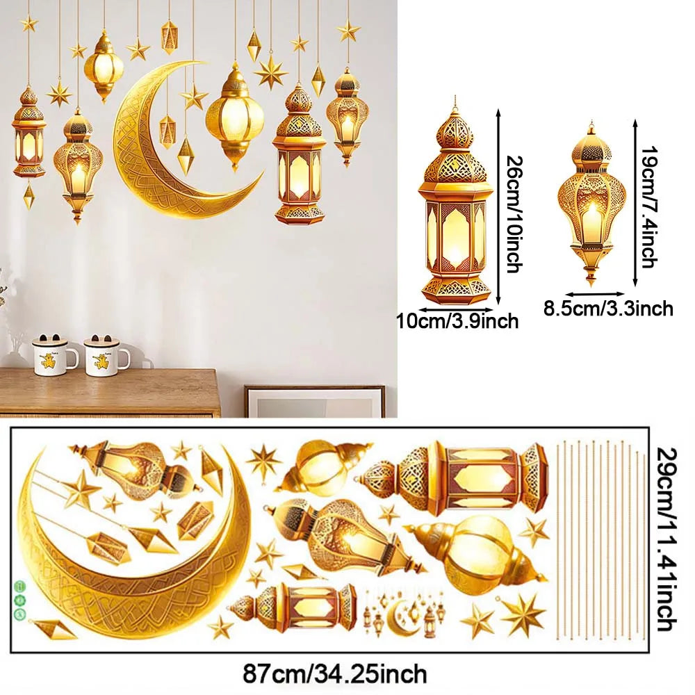 Eid Mubarak Moon Star Lantern Wall Decal 2025 Ramadan Kareem Decorations Home Wall Window Sticker Muslim Islamic Party Supplies