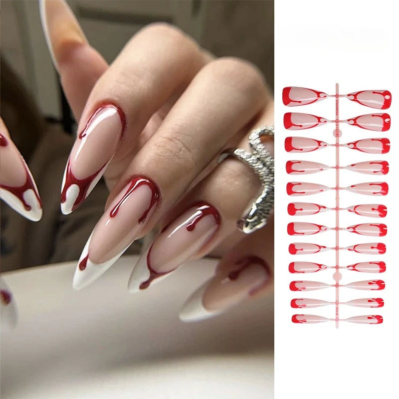 24pcs Blood Drop French Nails Set Almond Glossy Bat Decor Fake Nail Halloween Scary Punk Style Wearable Women Press False Nails