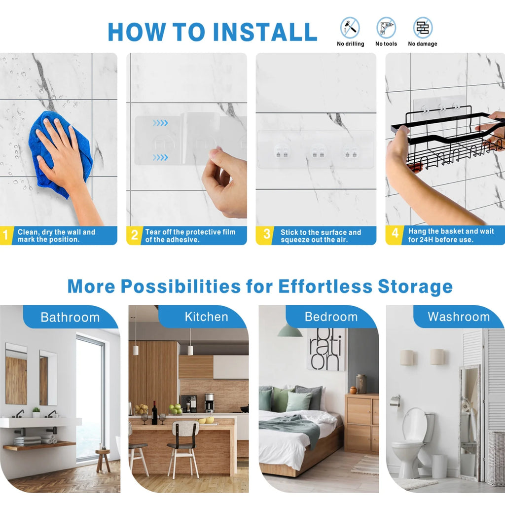 5pcs/set Adhesive Shower Caddy 5 Pack Rustproof Stainless Steel Bath Organizers With Large Capacity, No Drilling Shelves