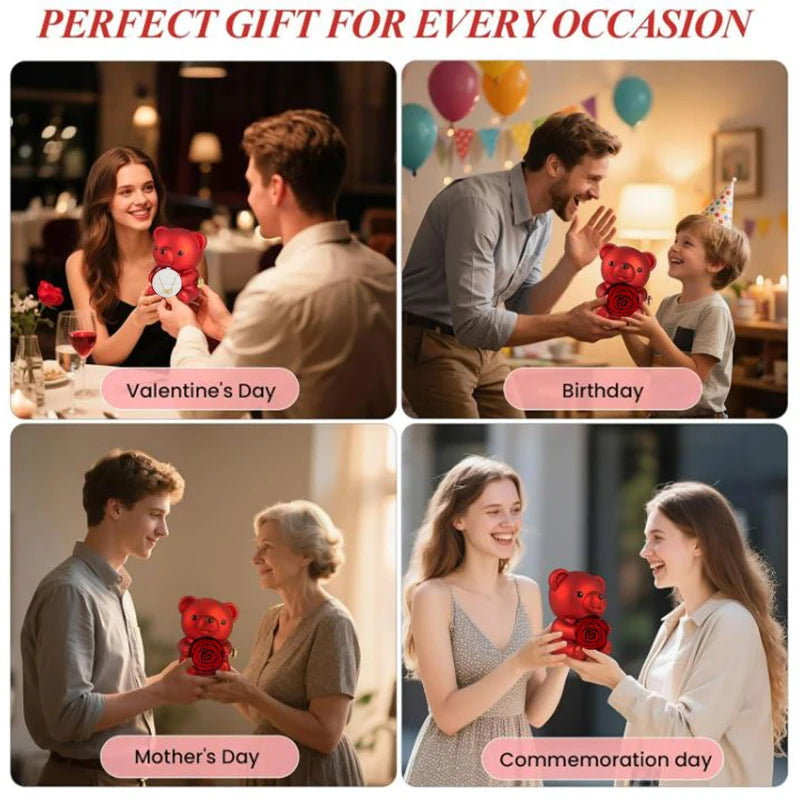 2026 Heart Engraved Name Necklace and Rotating Eternal Rose Flower Hug Bear Jewelry Box Lovely Bear  for Girl/Women