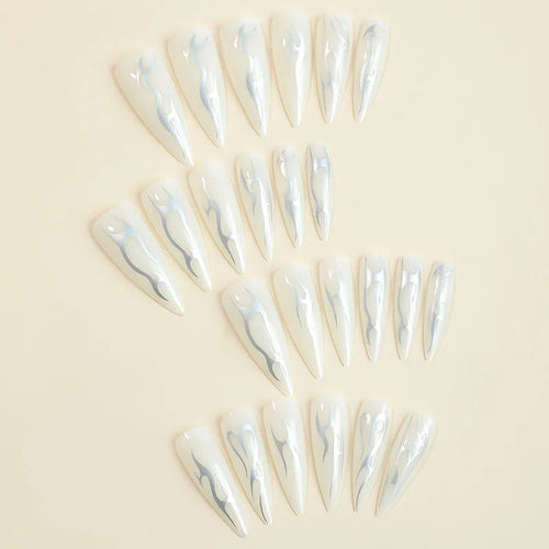 24Pcs Long pointed Halloween False Nails White Irregular Flame Stripes Nail Art Fake Nail Stickers For Women and Girls