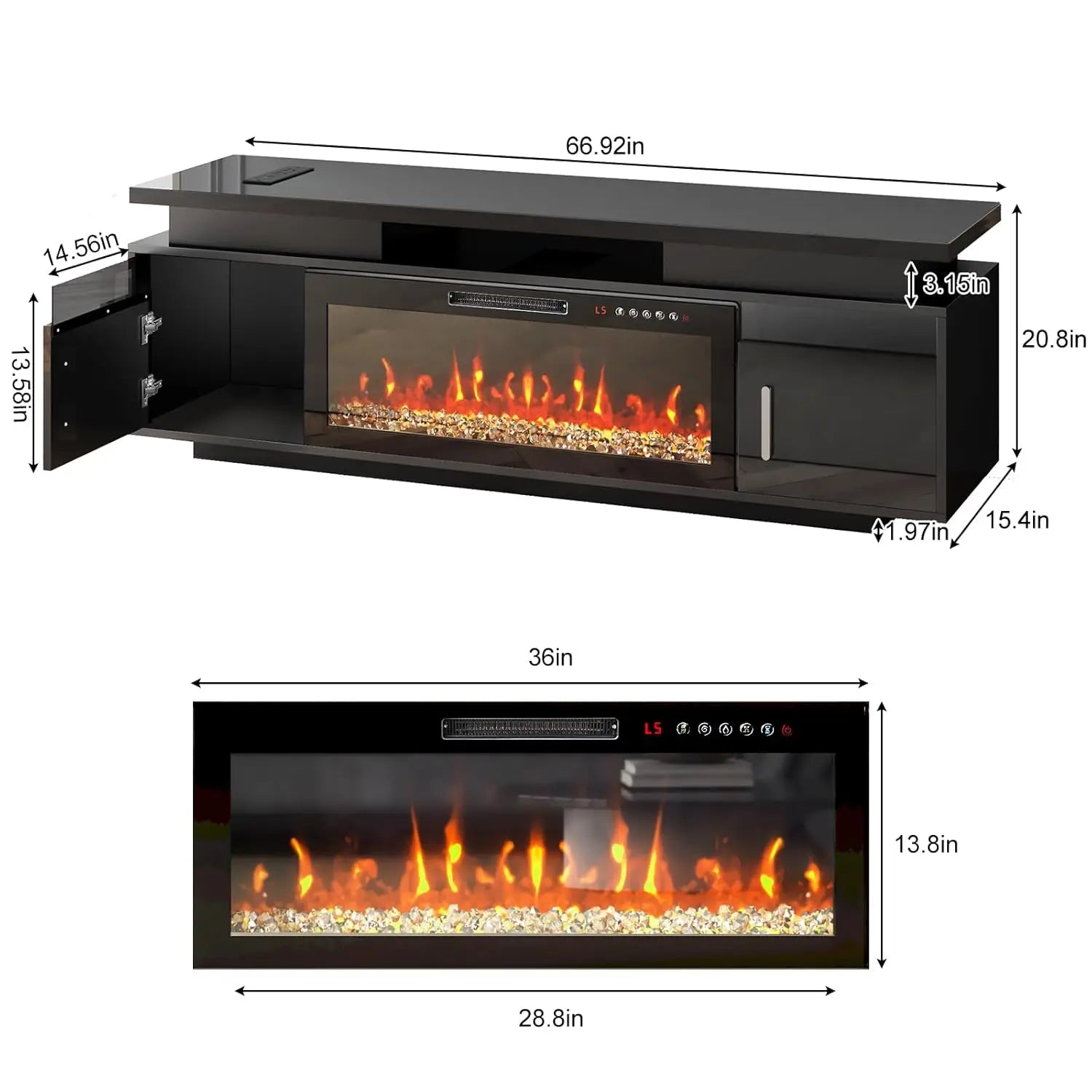 TV Stand with Fireplace, 67in Entertainment Center with Opening Shelves Modern Storage Cabinets and LED Lights, for, Customized
