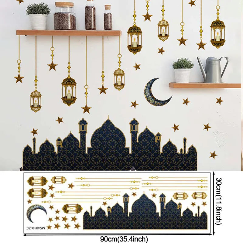 Eid Mubarak Moon Star Lantern Wall Decal 2025 Ramadan Kareem Decorations Home Wall Window Sticker Muslim Islamic Party Supplies