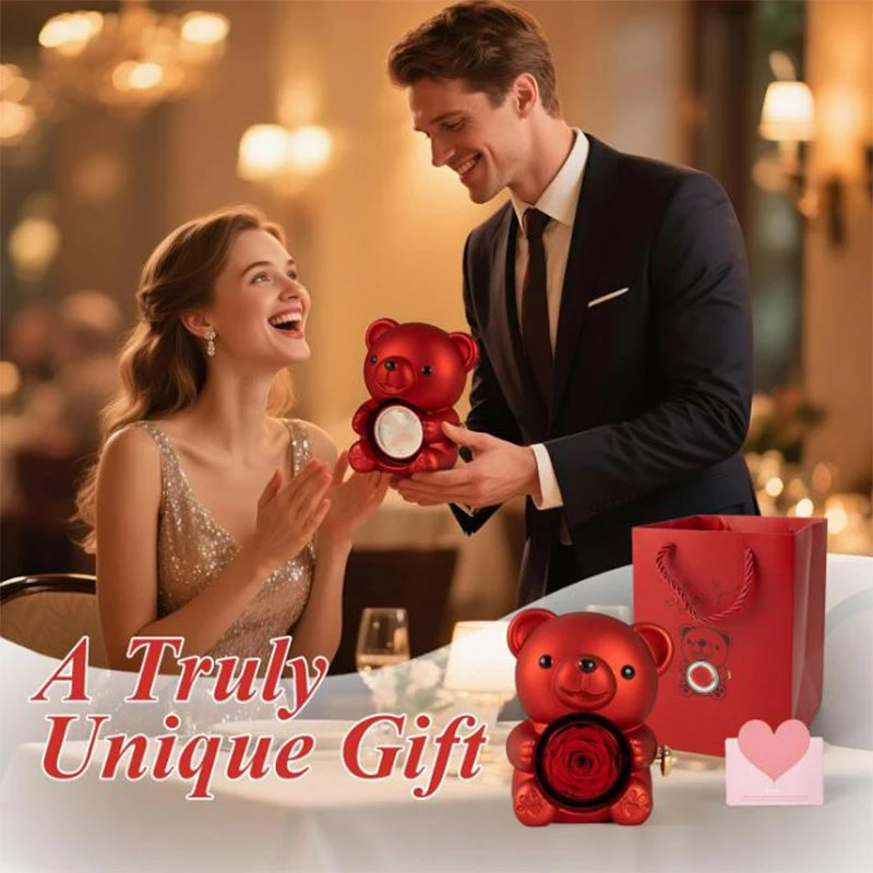 2026 Heart Engraved Name Necklace and Rotating Eternal Rose Flower Hug Bear Jewelry Box Lovely Bear  for Girl/Women