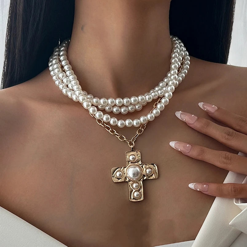 Ingemark Multilayer Imitation Pearl Chain Necklace Women Trendy 2025 Goth Big Jesus Cross Pendant Choker New Year Jewelry Gift