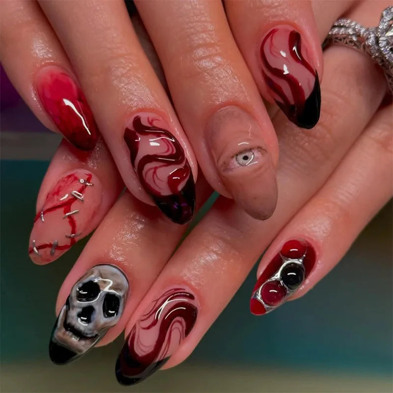 24PCS Halloween False Nails Red Gradient Skull Blood Horror Eye Pattern French Press on Nails Full Cover Wearable Fake Nails Art