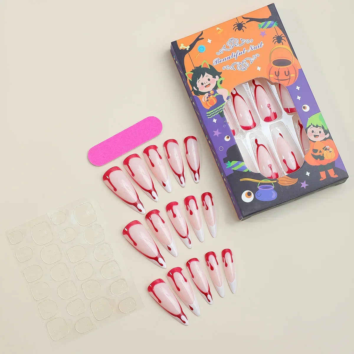 24Pcs Long pointed Halloween False Nails White Irregular Flame Stripes Nail Art Fake Nail Stickers For Women and Girls