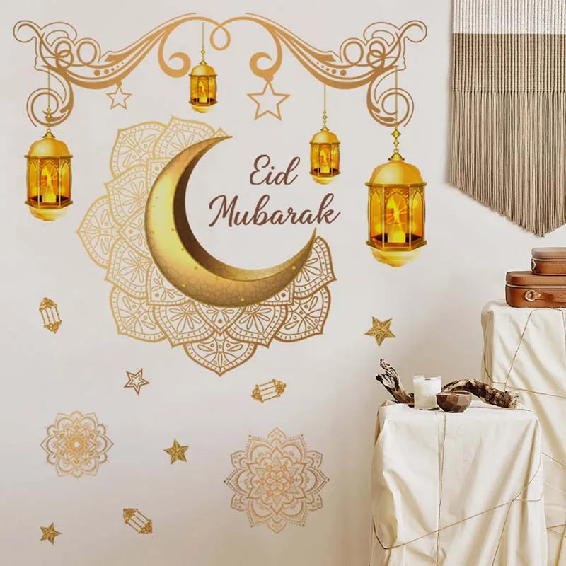 Eid Mubarak Moon Star Lantern Wall Decal 2025 Ramadan Kareem Decorations Home Wall Window Sticker Muslim Islamic Party Supplies