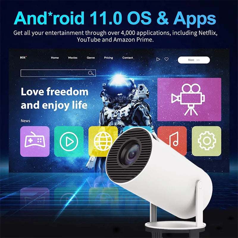 Smart Portable Projector Game projector 4K Android11.0 720P Native 1280*720P compatible with mobile phones and game controllers.
