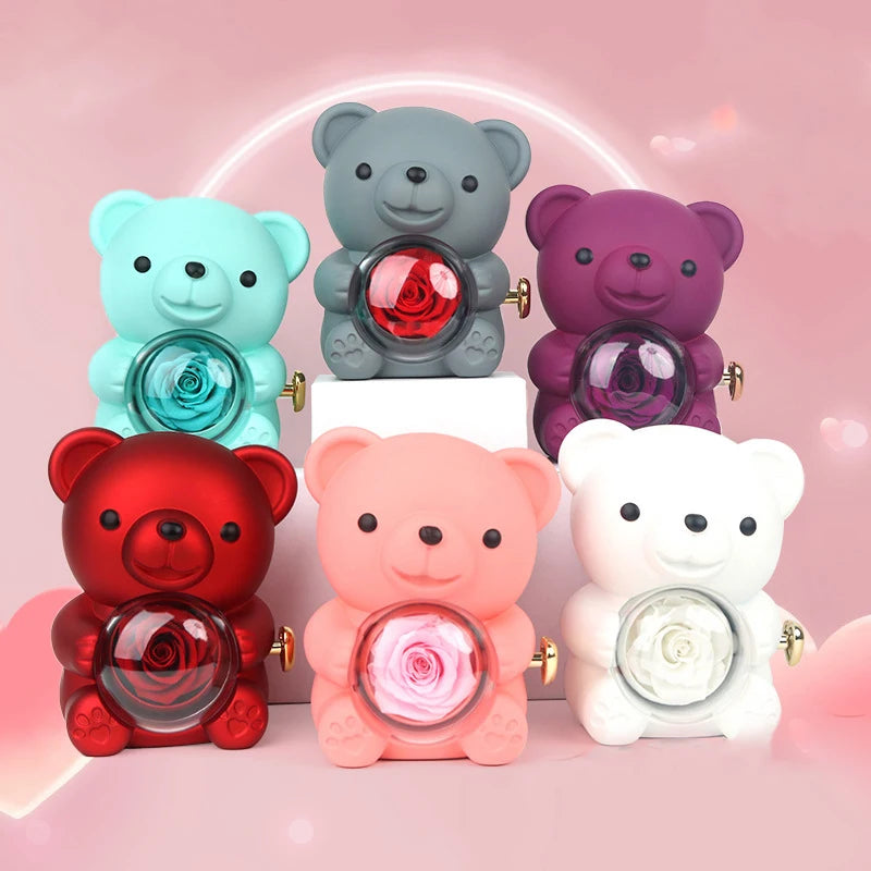 2026 Heart Engraved Name Necklace and Rotating Eternal Rose Flower Hug Bear Jewelry Box Lovely Bear  for Girl/Women