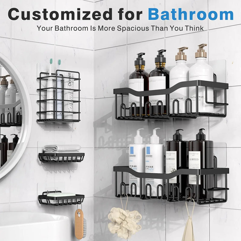 5pcs/set Adhesive Shower Caddy 5 Pack Rustproof Stainless Steel Bath Organizers With Large Capacity, No Drilling Shelves