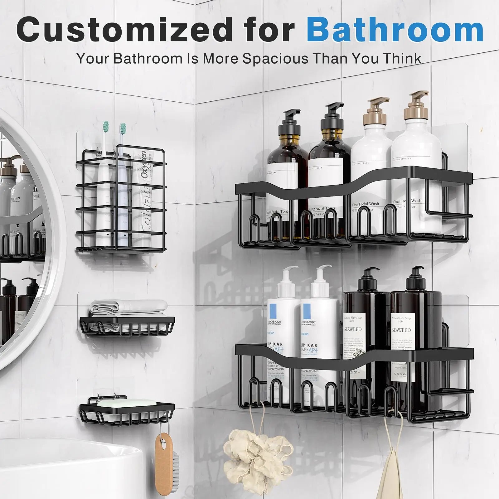 5pcs/set Adhesive Shower Caddy 5 Pack Rustproof Stainless Steel Bath Organizers With Large Capacity, No Drilling Shelves