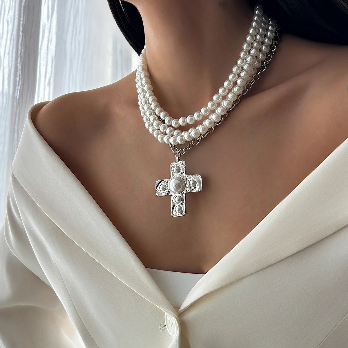 Ingemark Multilayer Imitation Pearl Chain Necklace Women Trendy 2025 Goth Big Jesus Cross Pendant Choker New Year Jewelry Gift