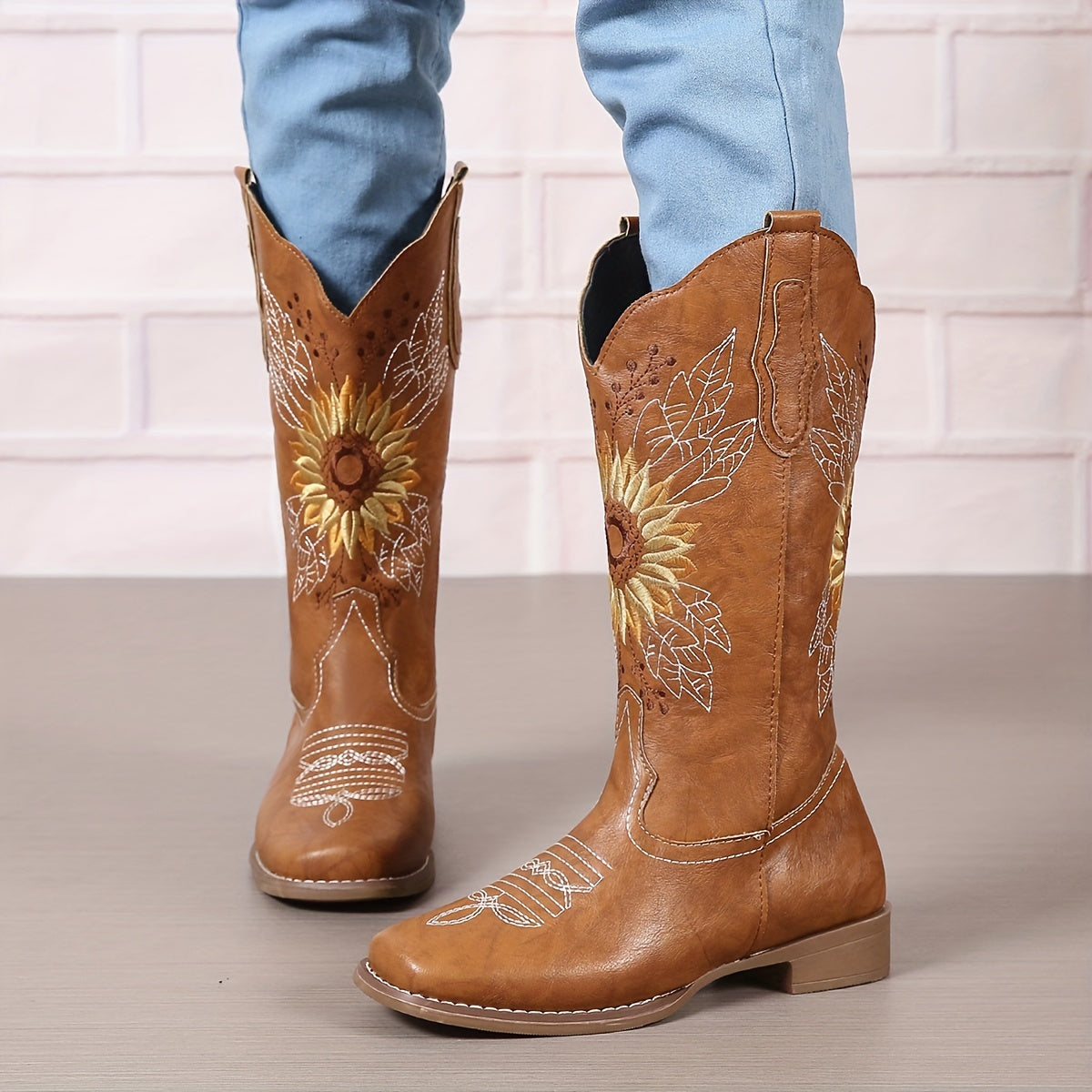 [Mid Calf Embroidered Western Boots] Women's Embroidered Mid Calf Western Boots, Faux Leather Fashion Boots, Women's Footwear