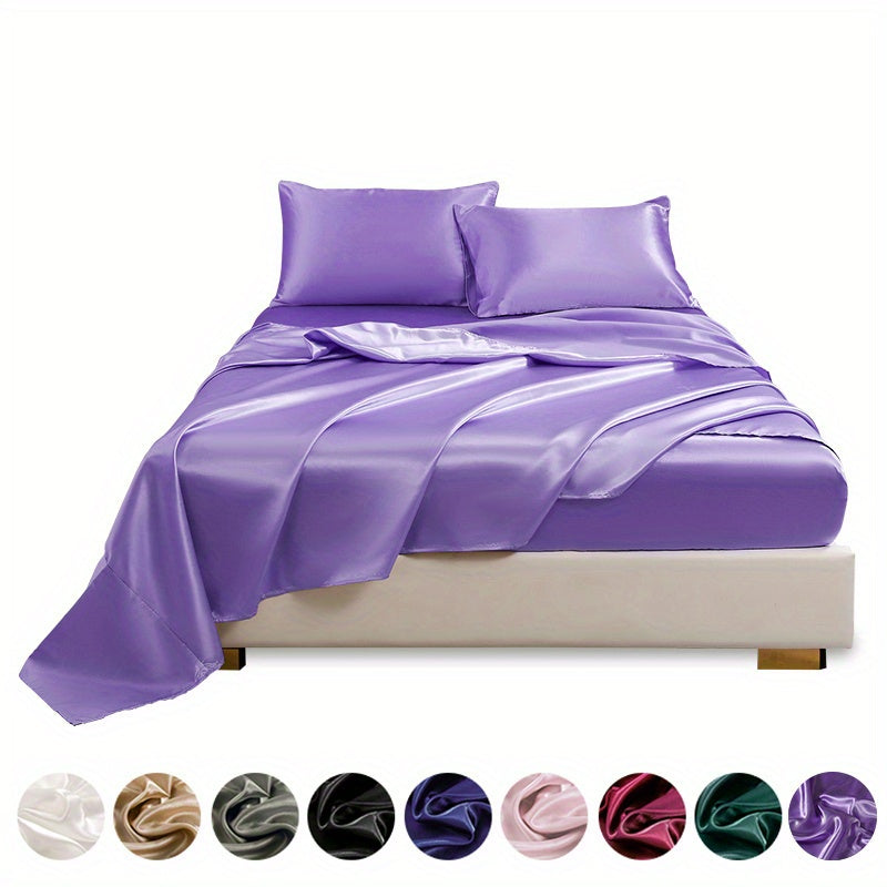 4pcs Satin Bed Sheet Four-Piece Set Includes One Fitted Sheet, One Flat Sheet, And Two Pillowcases. Pillowcases Do Not Include Inserts. Solid Colors Showcase Simple Elegance. The Simple Style Is Classic And Timeless. Polyeste
