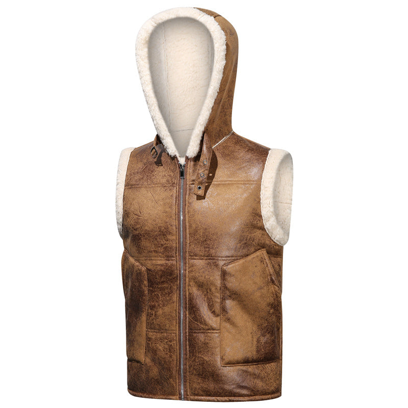 Men's -Lined Hooded Vest, Thickened and -Lined, Fashionable Windproof Warm Jacket